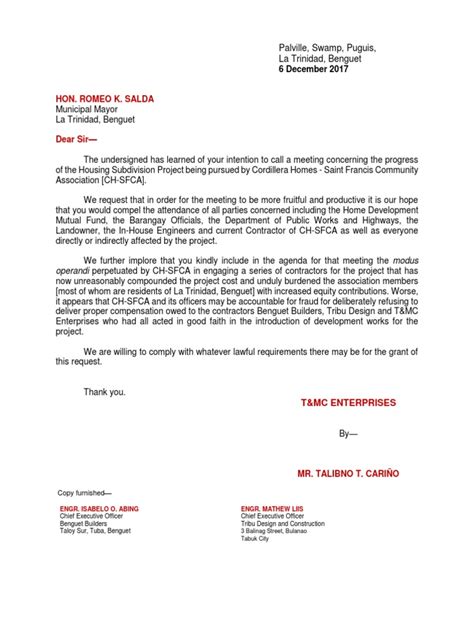 Formal letter of request to the mayor sample.
